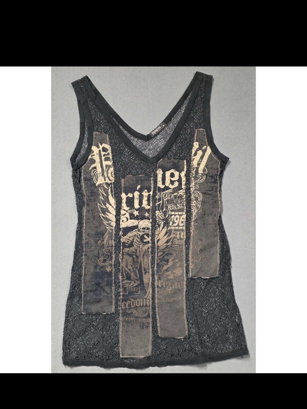 PRIMEVIL Graphic Patchwork Mesh Tank Top. M